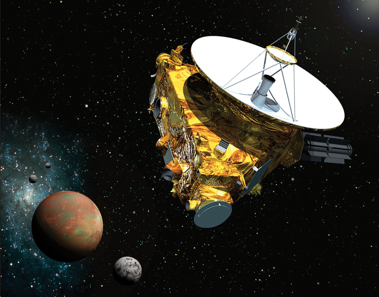 Artist Pluto rendering spacecraft moons New Horizons
